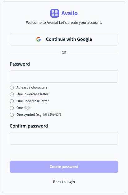 Availo create password screen with Google option and password requirements