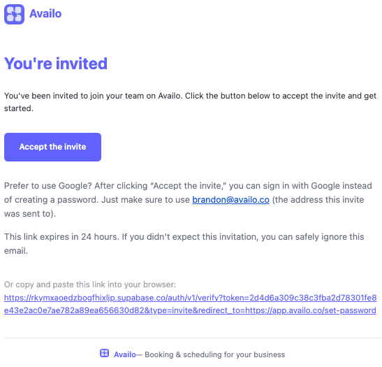 Availo team invitation email