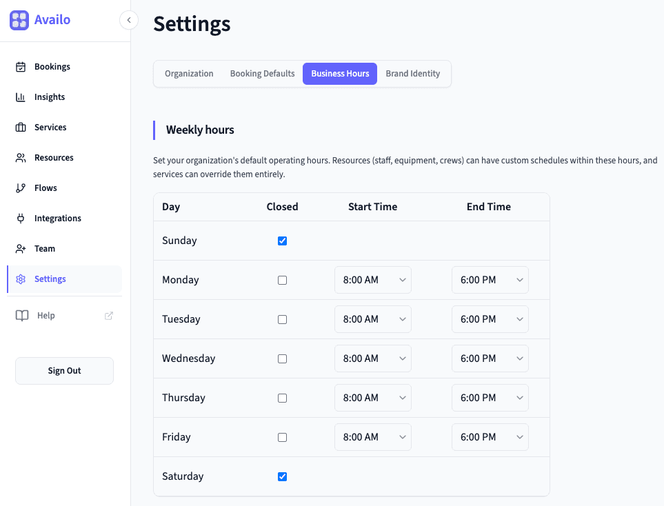 Settings page showing Business Hours section
