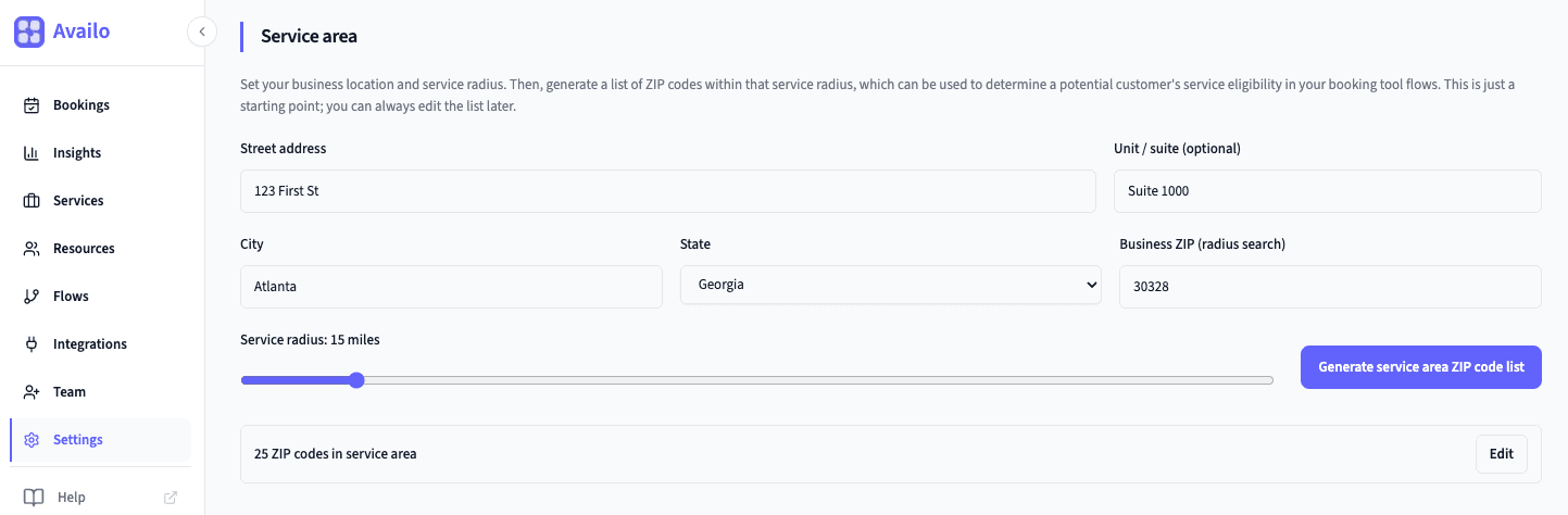 Settings page showing business address and service area with ZIP codes