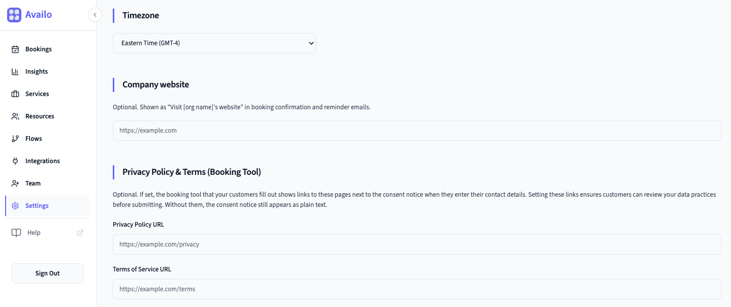 Settings page showing Organization and Booking Defaults sections