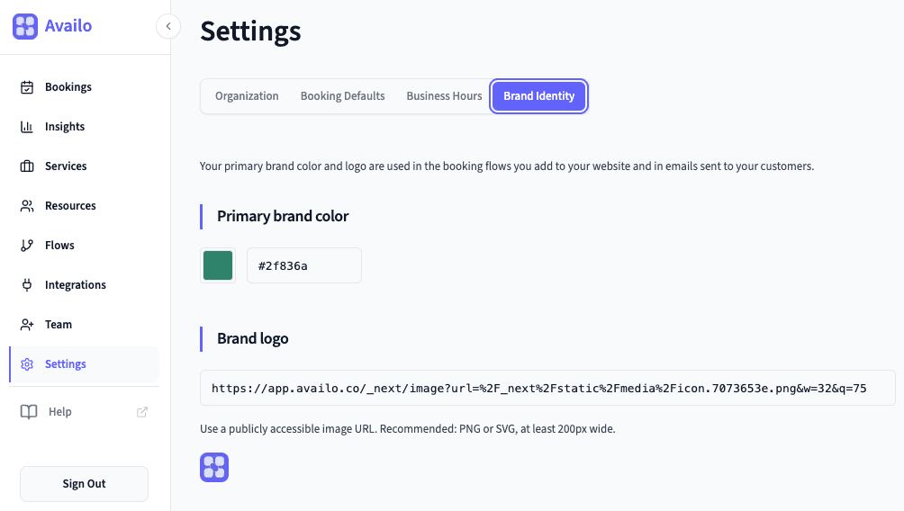 Brand section in Settings showing color and logo fields