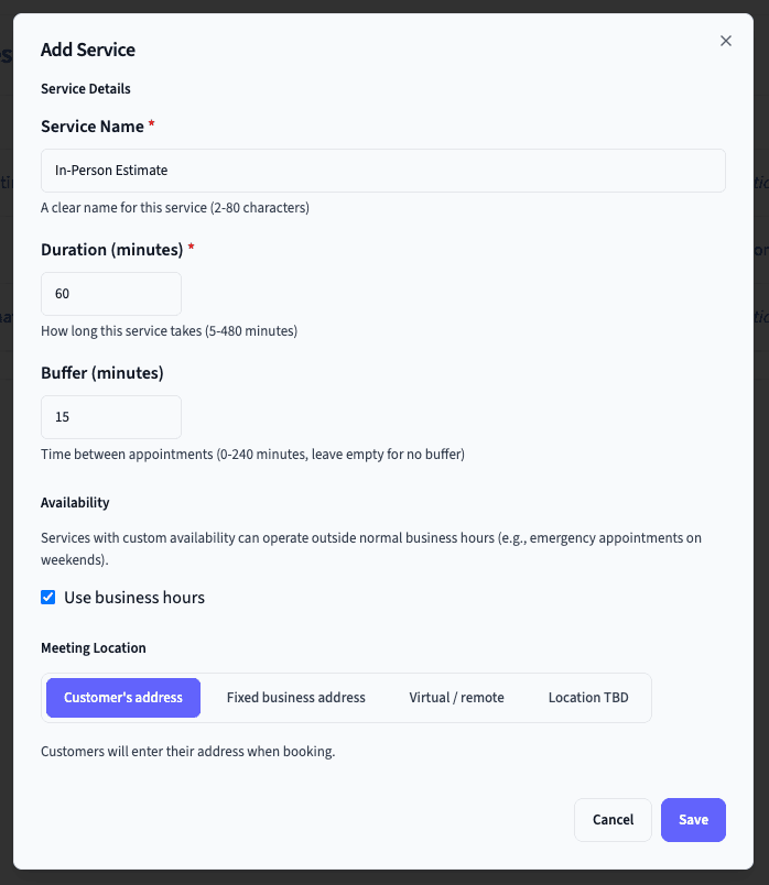 Create Service form with all fields visible