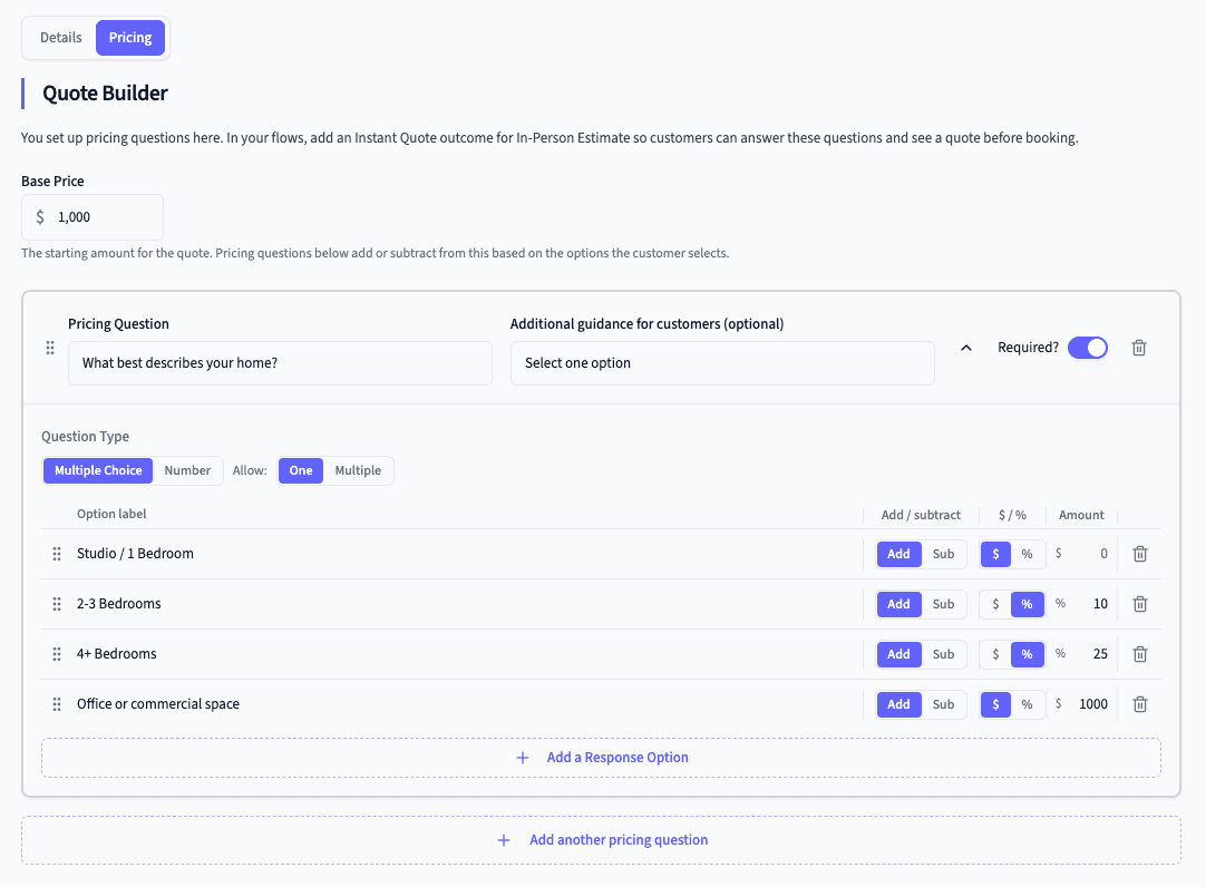 Service Pricing section with questions and price options