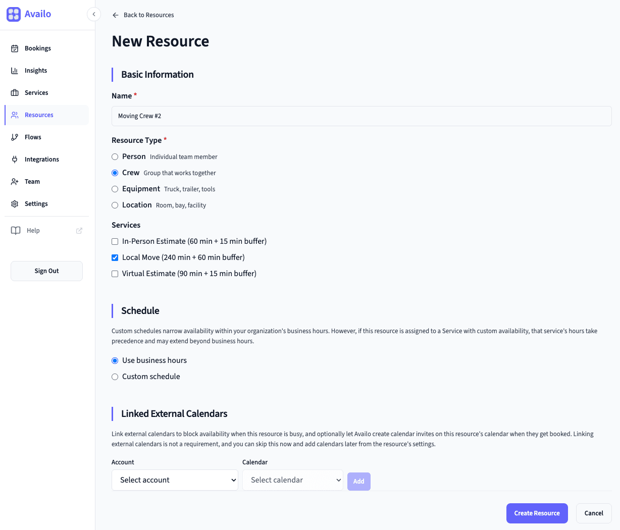 Add Resource form showing type selector and service assignment