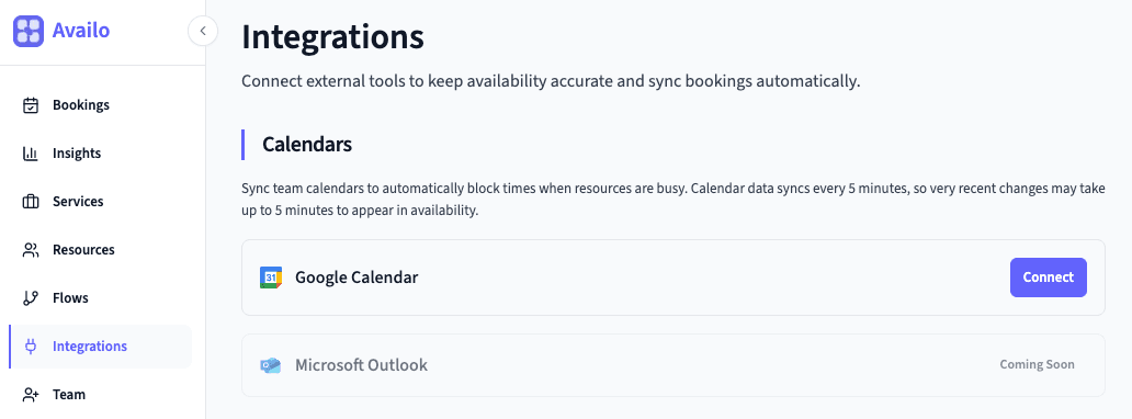 Integrations page with Google Calendar section