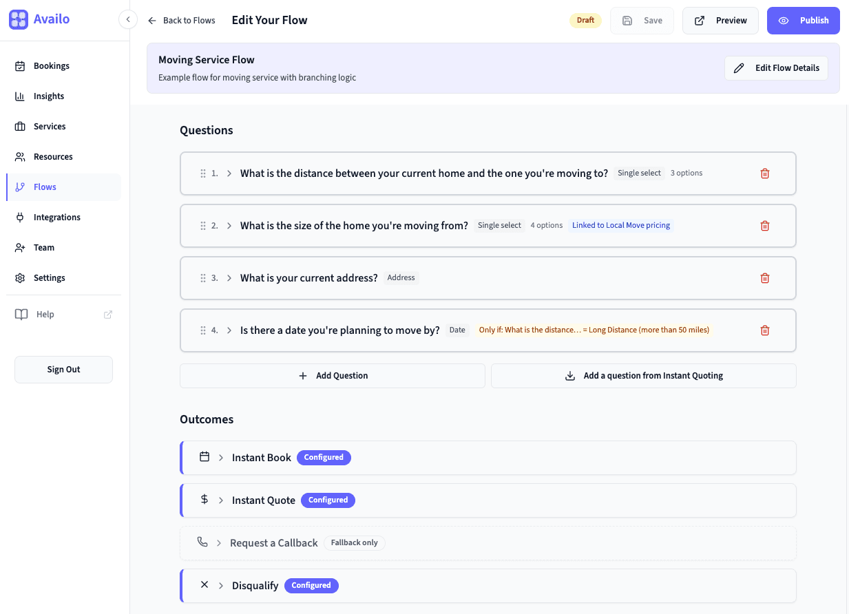 Flow Builder overview showing Questions and Outcomes panels