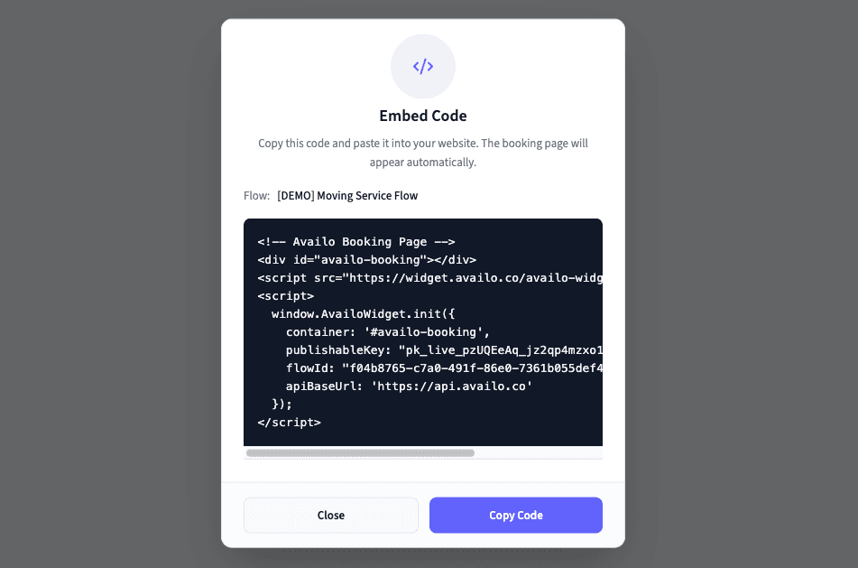 Embed code dialog showing the snippet to copy