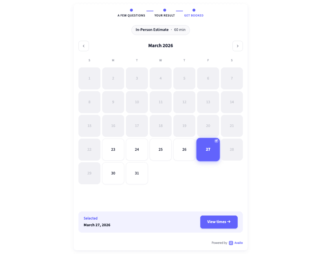 Embedded Availo booking tool shown on a website